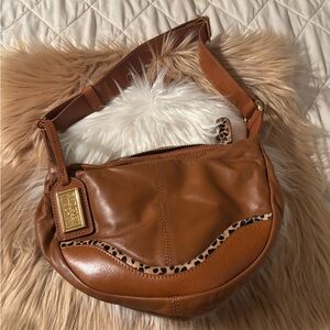 Badgley Mischka Tan Leather Shoulder Bag with Leopard Detail
